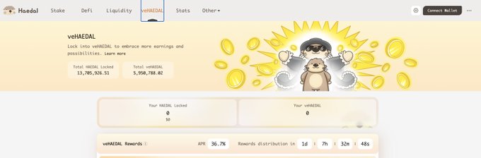 A screenshot of the Maeld app's veMAEDAL staking page showing total locked (13,705,926.51) and total veMAEDAL (5,950,788.02), with an APY of 36.7% and reward distribution at 1d, 7h, 32m, 48s, featuring a hamster mascot surrounded by coins.