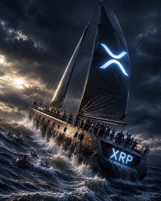 A dramatic image shows a large ship battling stormy seas at night, with the XRP logo prominently glowing on its sail and the letters "XRP" illuminated on the stern, while passengers aboard ride through turbulent waves under a dark, cloudy sky—visually reinforcing the post's message that only "XRP" holders will reap significant gains.