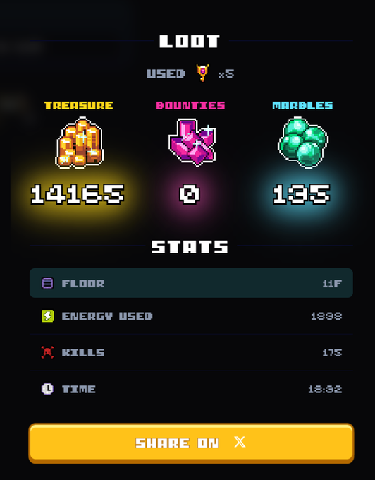 Loot screen showing 14165 Treasure, 0 Bounties, and 135 Marbles, with stats indicating Floor 11F, 1838 Energy Used, 175 Kills, and a time of 13:32.