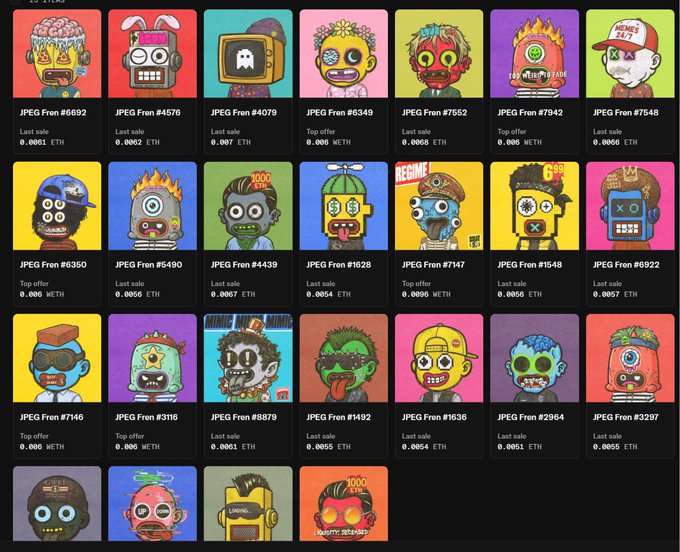 A grid of colorful cartoon zombie NFT character thumbnails, each labeled with "JPEG Fren" followed by a number and ETH/METHE sale prices.