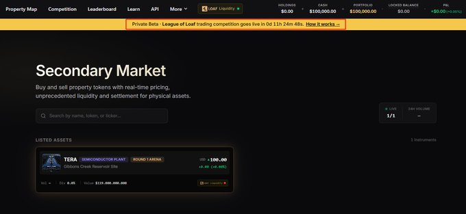 The 'Secondary Market' page of a crypto platform showing TERA (Gibbons Creek Reservoir Site) listed at $100.00 with a 24H change of +0.00% and a market cap of $120,000,000,000.