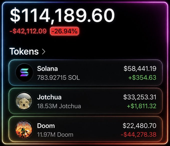 A portfolio dashboard displaying a total value of $114,189.60 (-26.94%), showing token holdings including Solana ($58,441.19), Jotchua ($33,253.31), and Doom ($22,480.70).