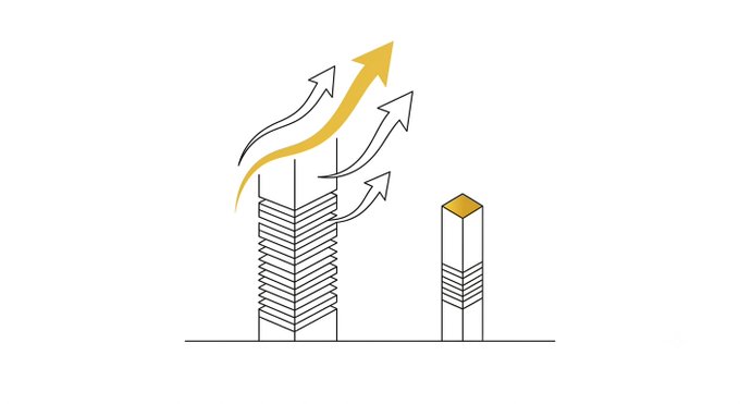 An illustration depicting growth and progress, showing two stacks of money or blocks of increasing height with curved arrows pointing upward, the taller stack featuring a prominent gold/yellow arrow.