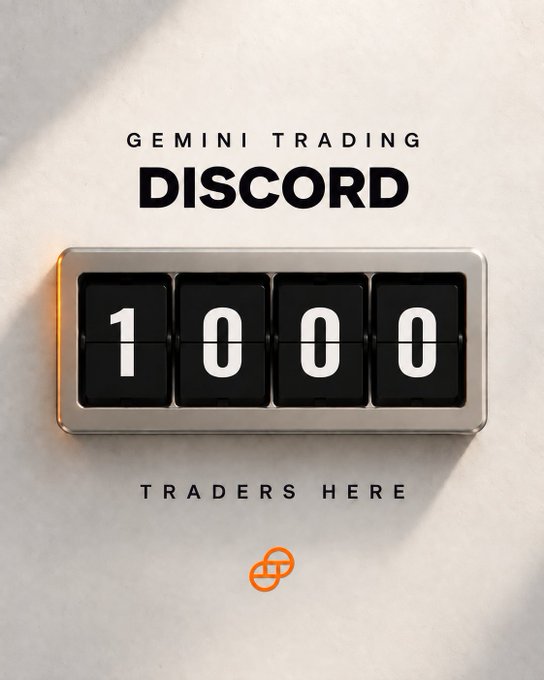 A minimalist graphic featuring a flip-style counter displaying "1000" beneath the text "GEMINI TRADING DISCORD" and "TRADERS HERE," visually celebrating the trading community's milestone of reaching 1,000 members. The image directly reinforces the post's message about the Discord group's growth milestone.