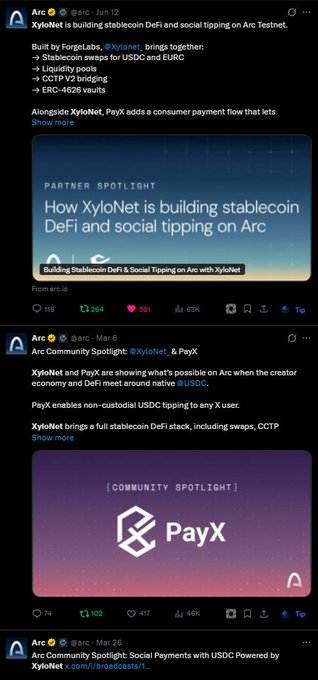 Three Arc social media posts spotlighting XyloNet and PayX for stablecoin DeFi and social tipping on Arc Testnet, dated March 12 and March 6.