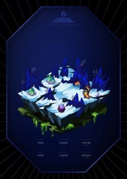 A 3D-rendered isometric diorama of a snowy floating island with blue crystals, a moon, and wildlife, labeled with 'AZOLA' at the top and credits including 'FAIRY LAMP', 'MOON', 'LUSTER', 'CRYSTALS', 'LUNA', 'PATHANS' below.