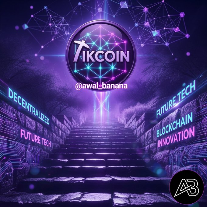 A glowing purple and neon "TikCoin" logo hovers at the top of an illuminated stone staircase leading upward into a futuristic landscape, surrounded by blockchain-themed graphics and text reading "DECENTRALIZED," "FUTURE TECH," and "BLOCKCHAIN INNOVATION." The image visually embodies the post's message of perseverance and progress, depicting the climb toward a promising crypto future with TikCoin.