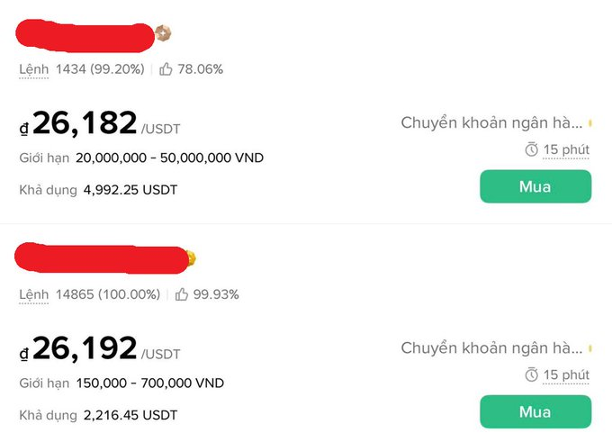 A P2P cryptocurrency trading interface showing USDT buy listings at rates of 26,182 and 26,192 USDT/VND with bank transfer payment options.