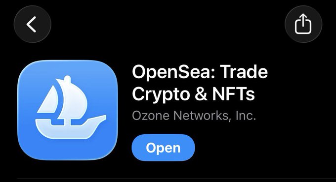 App Store listing for the OpenSea app titled "OpenSea: Trade Crypto & NFTs" by Ozone Networks, Inc., featuring a blue app icon with a white sailboat and an "Open" button.