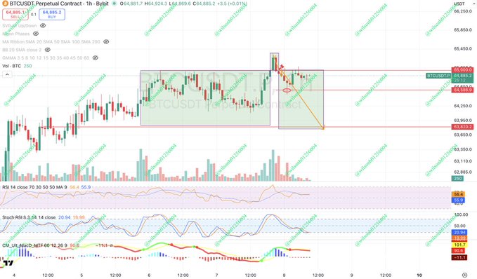 A 1-hour BTCUSDT perpetual contract chart showing price at 64,885.2 with a +0.91% gain, featuring a highlighted liquidity grab pattern (marked by green and red boxes) that completes the AMD (Accumulation, Manipulation, Distribution) model referenced in the analysis. The chart includes RSI (66.4), Stochastic (10.94, 19.95), and CM_Williams indicators, with annotations pointing to potential downside continuation after the local liquidity grab structure concluded near the 64,600 support level.