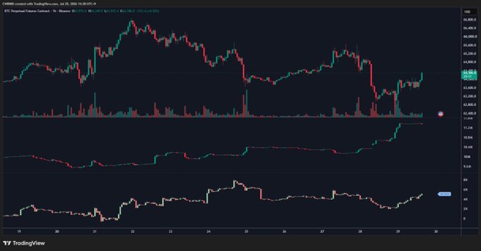 A TradingView chart displays BTC Perpetual Futures Contract on Binance, showing price action on July 29, 2025, with a recent notable surge to approximately $66,632, supporting the post's claim of strengthening upward momentum in Bitcoin's price trend.