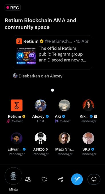 A screenshot of a Retium Blockchain AMA X Space recording showing the host Alexey and co-hosts Retium and Aki, with listeners Edward, ASHIQ.0, Mazi Nm, and SKS, alongside a pinned post announcing the official Retium Telegram and Discord groups.