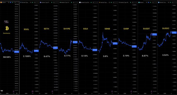 A series of eight cryptocurrency market cap charts on TradingView showing BTC Dominance (58.58%) and coins including SOL (2.189%), ETH (9.47%), HYPE (0.77%), SUI (0.14%), BNB (3.6%), XRP (3.19%), USDT (8.87%), and USDC (3.52%).