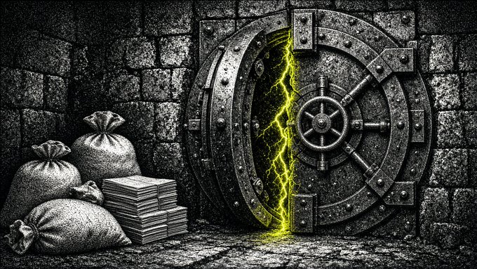 A massive iron vault door with a ship's-wheel handle stands partially open, emitting bright green-yellow light, beside burlap sacks and stacks of bundled currency in a stone chamber. The image symbolizes the tight transactional and monetary caps that MiCA's regulations impose on EMT issuance, with the vault representing the secured threshold beyond which minting must cease.