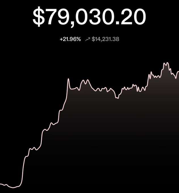 A financial chart showing a value of '$79,030.20' with a gain of '+21.96%' or '$14,231.38', displayed as a line graph trending upward against a black background.