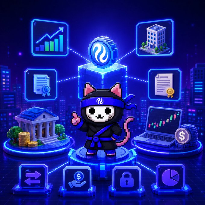 A pixel art image of a cat-like ninja character in front of a glowing blue pillar, surrounded by floating icons including a bank, office building, chart, document with seal, laptop with stock chart, and coins.