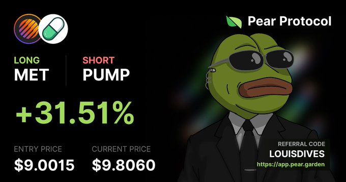 A promotional graphic for Pear Protocol's AI Trading Assistant showcases a successful trade: LONG MET / SHORT PUMP with a +31.51% gain (entry $9.0015, current $9.8060), featuring the signature sunglasses-wearing Pepe mascot and referral code "LOUISDIVES." The image directly visualizes the user's testimonial about their third consecutive profitable trade using the platform.
