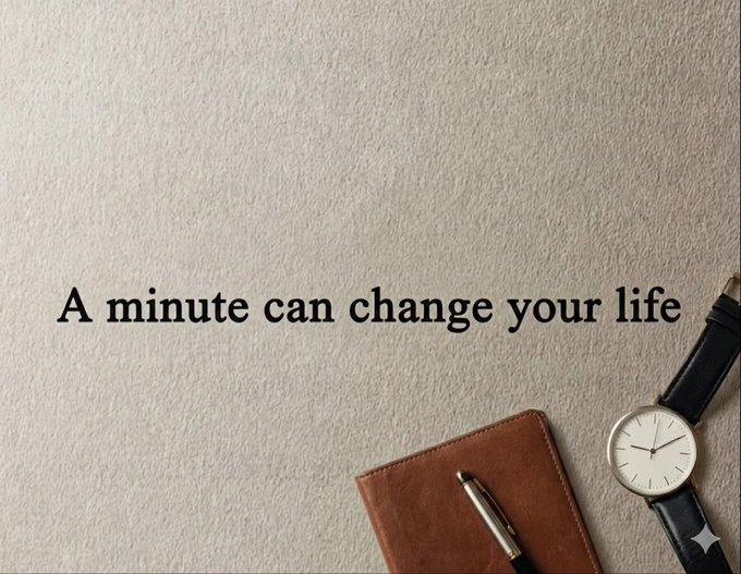 A minimalist image featuring the text 'A minute can change your life' on a beige background, alongside a brown leather notebook, a pen, and a wristwatch.