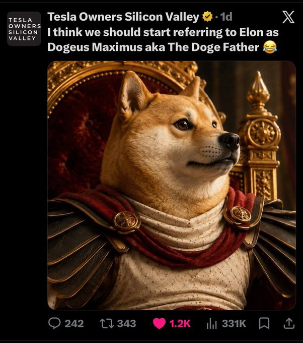 The image features a brown dog dressed as a Roman soldier, wearing a red cape with gold accents and a golden crown. The dog appears to be posing for a photo or a social media post. The caption of the image includes a reference to Tesla owners and mentions that the dog is from Silicon Valley. There are also references to Elons Musk and Dogeus Maximus in the caption, suggesting a connection between the dog's costume and the characters' stories.