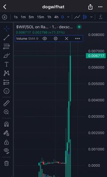 A trading chart from a mobile app showing the ticker 'dogeithat' on a 1-minute timeframe with a large green price spike and volume SMA 9 data.