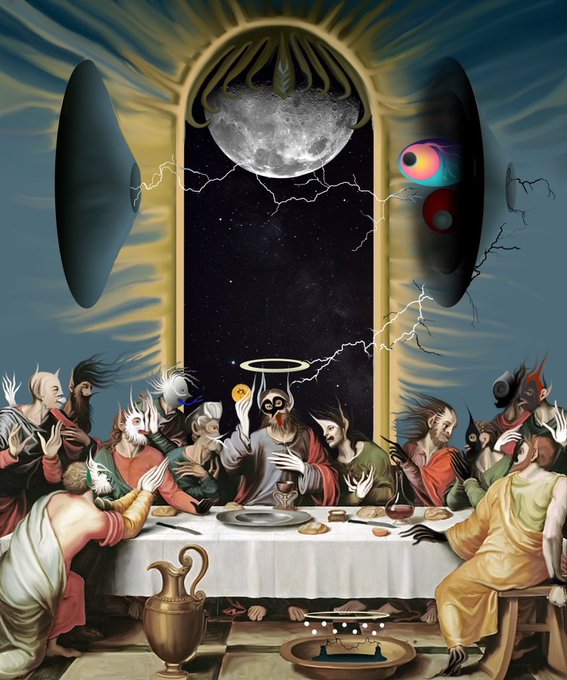 A surreal reinterpretation of Leonardo da Vinci's "The Last Supper" features Jesus and the disciples gathered around a table beneath a cosmic archway containing a full moon, lightning, and strange floating objects with rainbow eyes, while a brass pitcher and modern devices sit on the tiled floor in the foreground.