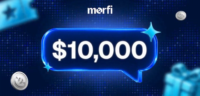 A promotional graphic with a dark blue dotted background displays the text 'merfi' at the top and a large speech bubble containing '$10,000', surrounded by gift boxes and coins.