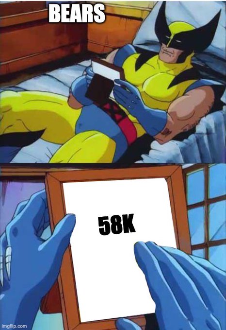 A two-panel meme featuring Wolverine from X-Men - the top panel labeled 'BEARS' shows him reading a book in bed, while the bottom panel shows him holding a plaque reading '58K' (imgflip.com watermark).