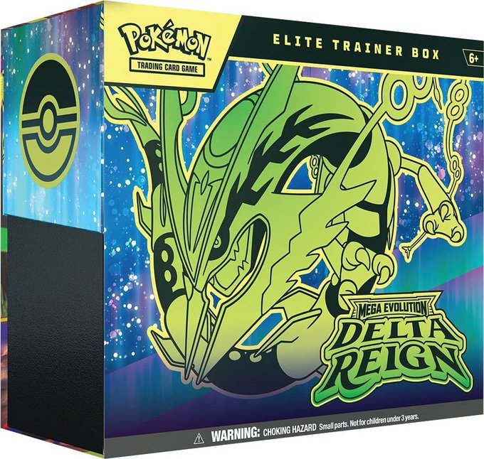 A Pokémon Trading Card Game 'Elite Trainer Box' featuring the 'Mega Evolution Delta Reign' expansion artwork, marked for ages 6+ with a choking hazard warning.