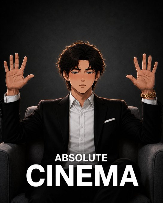 An anime-style character with dark hair wearing a black suit and white shirt, sitting in a chair with both hands raised, captioned 'ABSOLUTE CINEMA'.