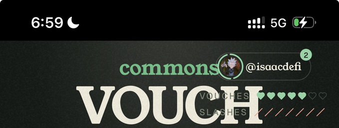 iPhone lock screen screenshot showing 6:59 time with moon icon, displaying a 'commons' interface with username '@isaacdefi' and 'VOUCH' with heart and slash counters.