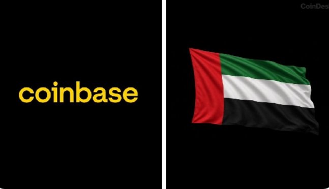 The image shows the Coinbase logo on the left alongside the United Arab Emirates flag on the right, with a partial "CoinDesk" watermark in the top corner. This visual pairs the crypto exchange's brand with the UAE flag to illustrate Coinbase's expansion into Abu Dhabi, where it received regulatory approval to offer tokenized securities services—a milestone supporting the post's point about accelerating real-world asset (RWA) tokenization globally.