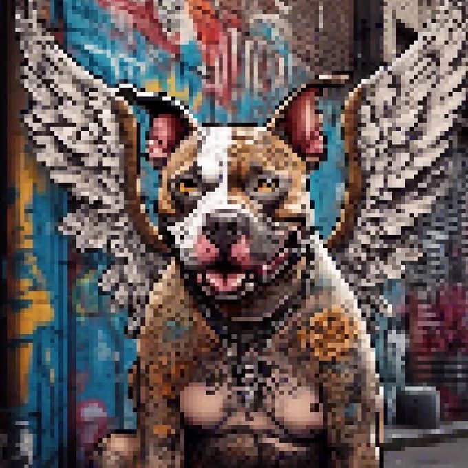 A pixel art mosaic of a French Bulldog dressed as an angel with white feathered wings, set against a vibrant graffiti background.
