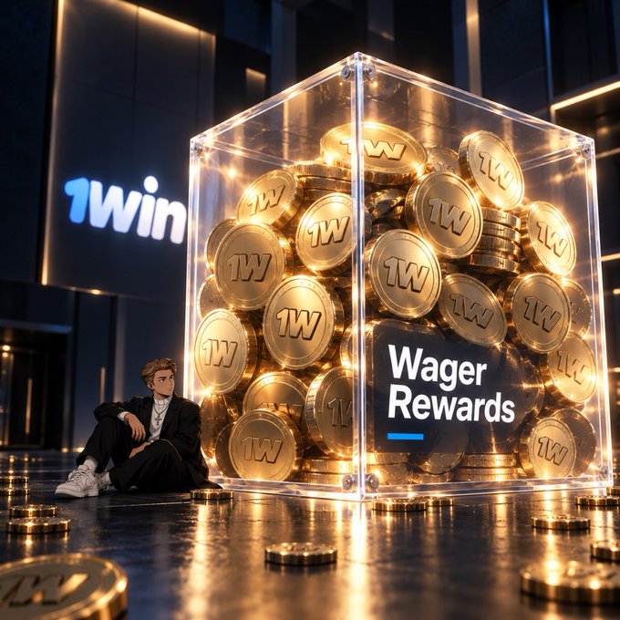 A person sits beside a glowing transparent cube filled with gold "1W" coins labeled "Wager Rewards," with the "1win" logo displayed in the background, visually promoting 1win Token's upcoming Wager Rewards initiative set to launch in Q4 2026.
