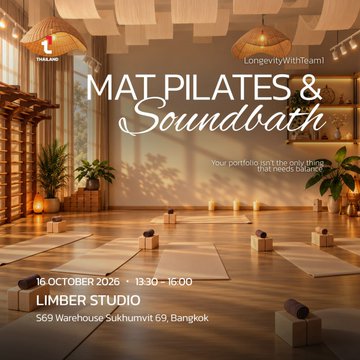 Event poster for "Mat Pilates & Soundbath" hosted by Limber Studio on 16 October 2026 at Sukhumvit 69, Bangkok, showing a yoga studio setup.