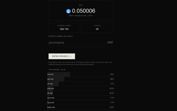 The image shows a pot.lotto interface for a lottery round with 568 crimes attributed to foreigners, displaying 36 tickets held by participants led by me.wei at 34%, alongside other ticket holders like v0.eth, lucre, and vert, with a stake pool of 0.0624 ETH waiting to be claimed.