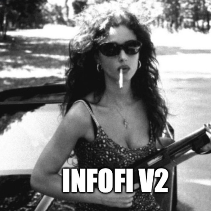 A black-and-white image of a woman with long dark hair wearing sunglasses and a patterned top, holding what appears to be a rifle, with the text 'INFOFI V2' overlaid at the bottom.