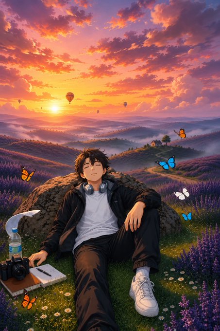 Anime-style illustration of a young man with headphones around his neck relaxing against a rock in a lavender field at sunset, surrounded by butterflies, a water bottle, a camera, and a notebook.