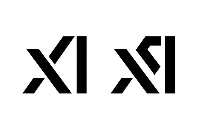 A black logo on a white background features two mirrored geometric designs resembling stylized 'X' and arrow shapes.