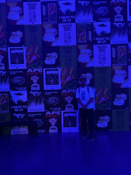 A person standing on stage in front of a large screen displaying multiple 'APE' (likely ApeCoin) related graphics, posters, and QR codes in a blue-lit venue, with text reading 'I WANT TO BE UP'.