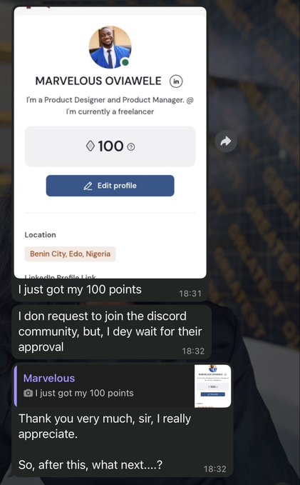 A screenshot showing the LinkedIn profile of Marvelous Oviawe, a Product Designer and Product Manager based in Benin City, Edo, Nigeria, who has reached 100 profile points, alongside a Discord chat expressing thanks and asking 'So, after this, what next...?'
