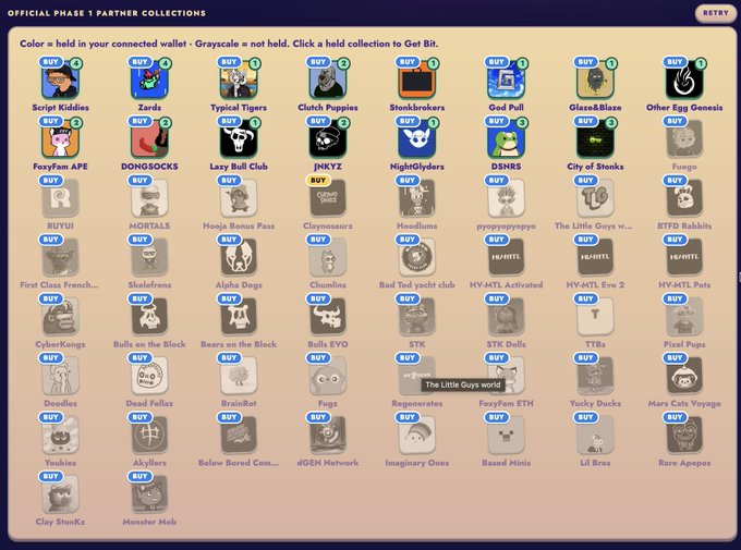 A screenshot from what appears to be a digital collectibles/NFT platform labeled 'OFFICIAL PHASE 1 + PARTNER COLLECTIONS,' displaying a grid of partner collections including Script Kiddies, Zards, Typical Tigers, Cloth Puppies, SteinkBrothers, Glad Pull, Glaze&Risse, Other Egg Genesis, and many others, each marked as 'BUY' or 'GET BIT'.
