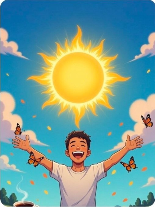 An illustration of a smiling boy with arms outstretched under a bright shining sun, surrounded by floating butterflies.