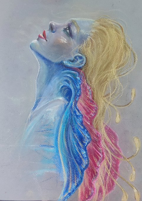 A colorful drawing in blue, pink, and yellow tones depicts a woman with long flowing hair tilting her head back with her mouth slightly open, rendered with textured strokes on gray paper.