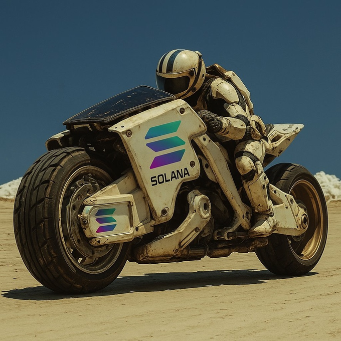 The image features a person riding a motorcycle with the word "solana" written on its side, which suggests that the motorcycle might be related to the company or brand Solana. The rider appears to be wearing a helmet for safety while they ride the motorcycle in an open area.