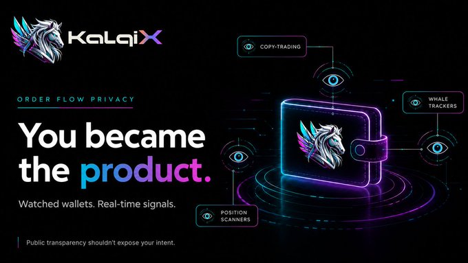 KalaX promotional graphic with text 'ORDER FLOW PRIVACY - You became the product' featuring a neon-styled wallet illustration highlighting concerns about copy-trading, whale trackers, and position scanners.