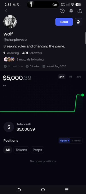 A mobile screenshot of a trading app showing a user 'wolf' (@sharpinvestr) with $5,000.39 total cash, 401 followers, and a sharp upward spike in their 24h portfolio graph.