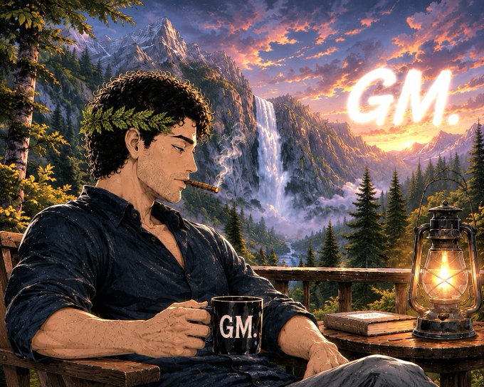 A relaxed man with a laurel crown smokes a cigar and holds a "GM." mug beside a lantern, set against a majestic mountain waterfall at sunset with "GM." glowing in the sky. The image embodies the laid-back, optimistic "GM" (good morning) crypto culture vibe, paired with the post's plan to send SOL tips to active community members.
