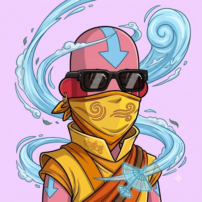 A cartoon-style avatar of a stylized monk figure wearing black sunglasses and a yellow bandana over their face, with swirling blue wind effects surrounding them against a pink background. The word "NOIR" is visible on their collar, and the figure's defiant, cool aesthetic visually echoes the playful "good morning non-fungible tokens" greeting through its bold, meme-like NFT character vibe.
