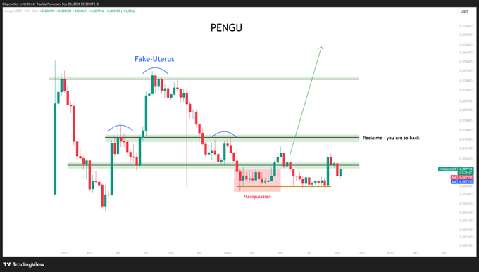 A TradingView chart of $PENGU/USD on USDC (1D timeframe) displays candlestick price action from late 2024 into early 2026, annotated with technical analysis markers including a "Fake-Uterus" breakout above resistance, a "Reclaim - you are so back" horizontal level around $0.0146, a "Manipulation" zone highlighted in red, and a green arrow projecting a potential bullish breakout, illustrating the poster's view that the recent decline mirrors prior June drops and will require patience.