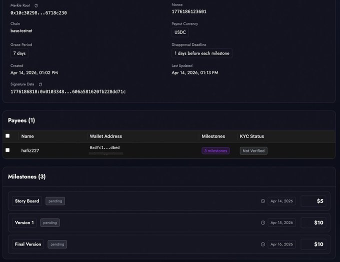 A digital interface shows a Merkle Root 0x10c38298...6718c230, Nonce 1776186123601, base-testnet chain, USDC payout currency, 7 days grace period, 1 payee (hafiz227), and 3 pending milestones (Story Board $5, Version 1 $10, Final Version $10).